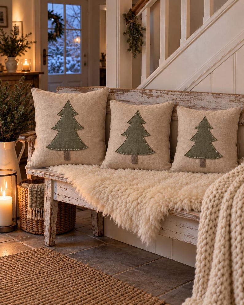 May include: Three square beige throw pillows arranged in a row, each featuring a centred olive green fabric Christmas tree appliqu&eacute; with a brown trunk and visible white decorative stitching along the edges of the tree shape.