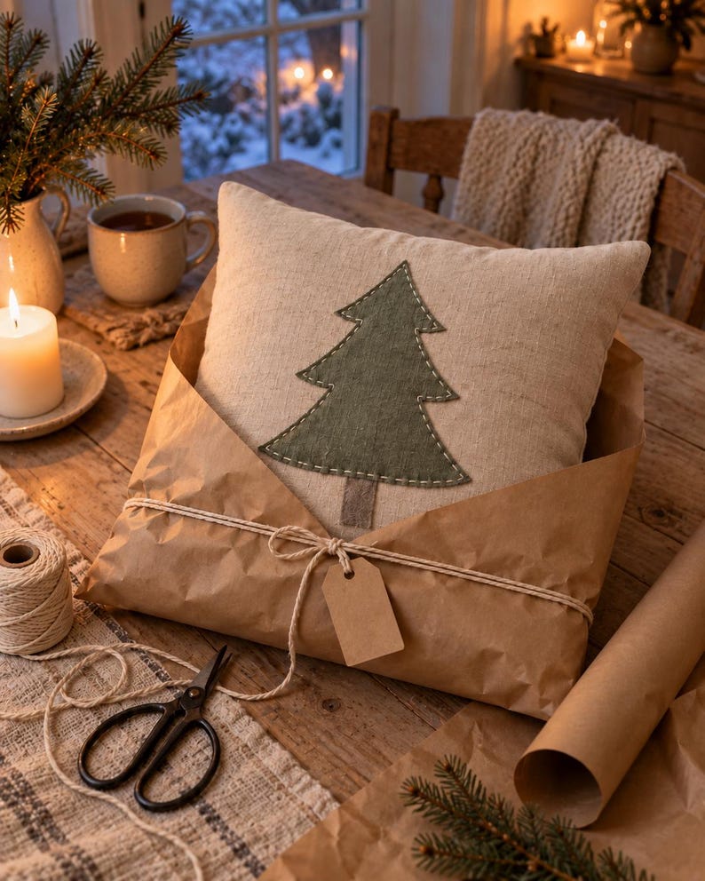 May include: A square beige throw pillow featuring a centred dark green fabric Christmas tree applique with visible white stitching, wrapped in brown kraft paper and tied with white twine, including a blank rectangular paper gift tag.