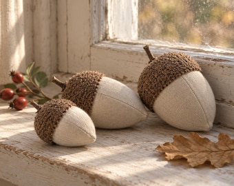 Fabric Acorn Sewing Pattern PDF – Linen & Bouclé Acorns in 3 Sizes, Autumn Decor DIY, Beginner Friendly – English and German