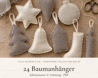 Christmas Ornament Sewing Pattern PDF – 24 Linen & Felt Tree Ornaments, 8 Shapes, Beginner Friendly – English + German