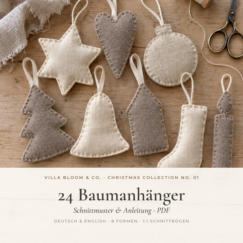 Christmas Ornament Sewing Pattern PDF – 24 Linen & Felt Tree Ornaments, 8 Shapes, Beginner Friendly – English + German image 1