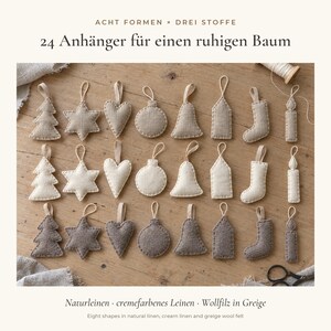 Christmas Ornament Sewing Pattern PDF – 24 Linen & Felt Tree Ornaments, 8 Shapes, Beginner Friendly – English + German image 2