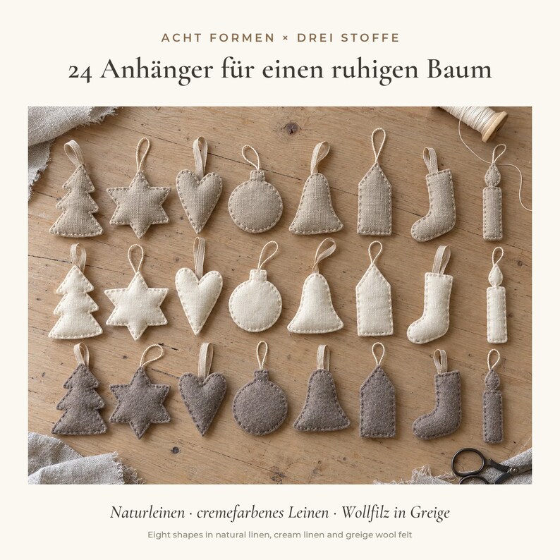 Christmas Ornament Sewing Pattern PDF – 24 Linen & Felt Tree Ornaments, 8 Shapes, Beginner Friendly – English + German image 2