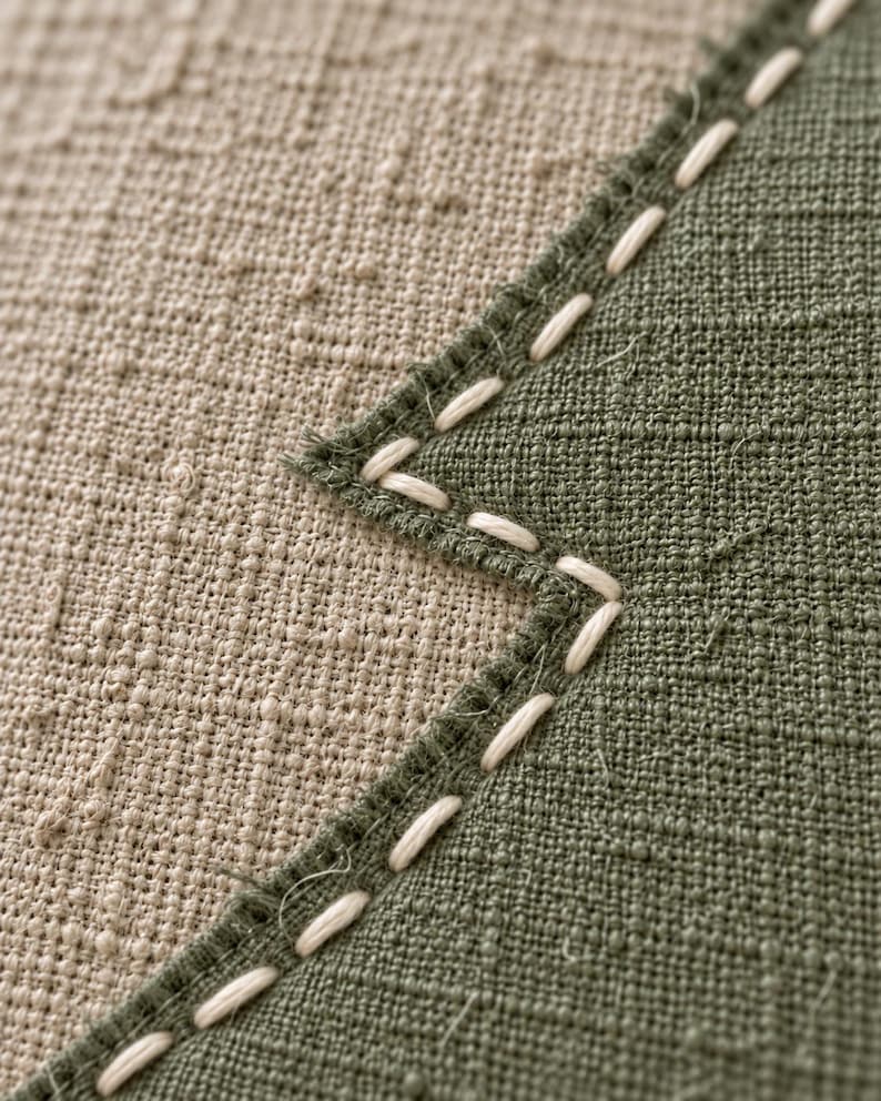 May include: A textured fabric surface featuring a beige section joined to an olive green section with a zigzag seam. The seam is reinforced with visible, thick white running stitches that follow the jagged edge of the green fabric panel.