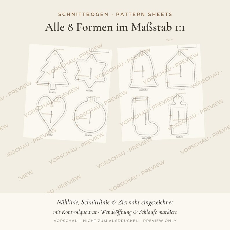 Christmas Ornament Sewing Pattern PDF – 24 Linen & Felt Tree Ornaments, 8 Shapes, Beginner Friendly – English + German image 5