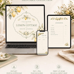 Könnte beinhalten: Eine druckbare Rezeptjournal-Kollektion namens Lemon Cottage, angezeigt auf einem Laptop, Tablet und Smartphone. Die Bildschirme zeigen eine Titelseite, eine Rezeptvorlage und ein Inhaltsverzeichnis mit Zitronen- und Blütenillustrationen.