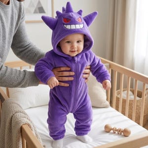 Pu&ograve; includere: Una tutina in pile viola per neonati con un cappuccio che riproduce il personaggio Gengar, completa di orecchie a punta, punte, occhi rossi e un ampio sorriso bianco. Il capo presenta maniche lunghe, gambe intere e una chiusura a zip frontale.