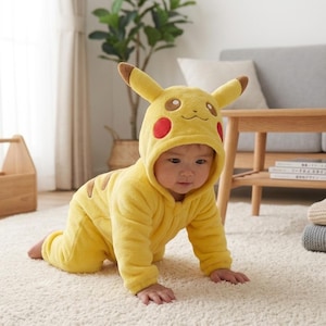 Puede incluir: Un mono de forro polar amarillo brillante con una capucha diseñada para parecerse al personaje Pikachu, con orejas puntiagudas con puntas marrones, ojos bordados, una nariz pequeña y parches redondos de color rojo en las mejillas.