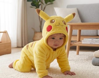 Yellow Electric Mouse Anime Baby Romper, Baby Fleece Romper, Hooded Romper, Cute Baby Jumpsuit, Cozy Baby Romper, Anime Lover Gift