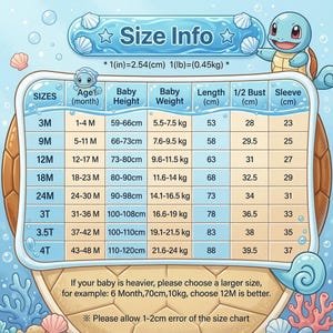 May include: A light blue and tan size chart for baby clothing featuring a cartoon turtle character. The table includes columns for size, age in months, height in cm, weight in kg, length in cm, 1/2 bust in cm, and sleeve length in cm. Text includes Size Info.