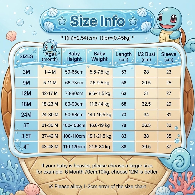 May include: A light blue and tan size chart for baby clothing featuring a cartoon turtle character. The table includes columns for size, age in months, height in cm, weight in kg, length in cm, 1/2 bust in cm, and sleeve length in cm. Text includes Size Info.