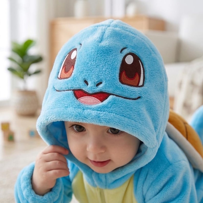 May include: A light blue plush hooded onesie featuring an embroidered character face on the hood with large brown eyes, a smiling mouth, and a tan-colored belly section. The soft fabric garment includes a turtle-like shell detail on the back.