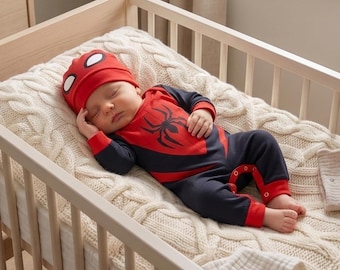 Spider Baby Jumpsuit, Baby Boy Romper with Hat, Spider Newborn Cosplay, Baby Spidey Costume Gift