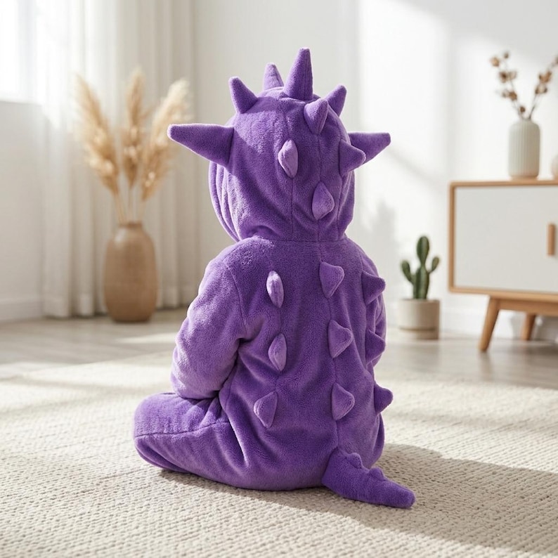 Pu&ograve; includere: Una tuta intera in peluche viola con cappuccio dotato di punte morbide, una fila di punte lungo la schiena e una coda imbottita. Il capo &egrave; realizzato in un tessuto soffice e testurizzato, progettato per assomigliare a una creatura fantastica.
