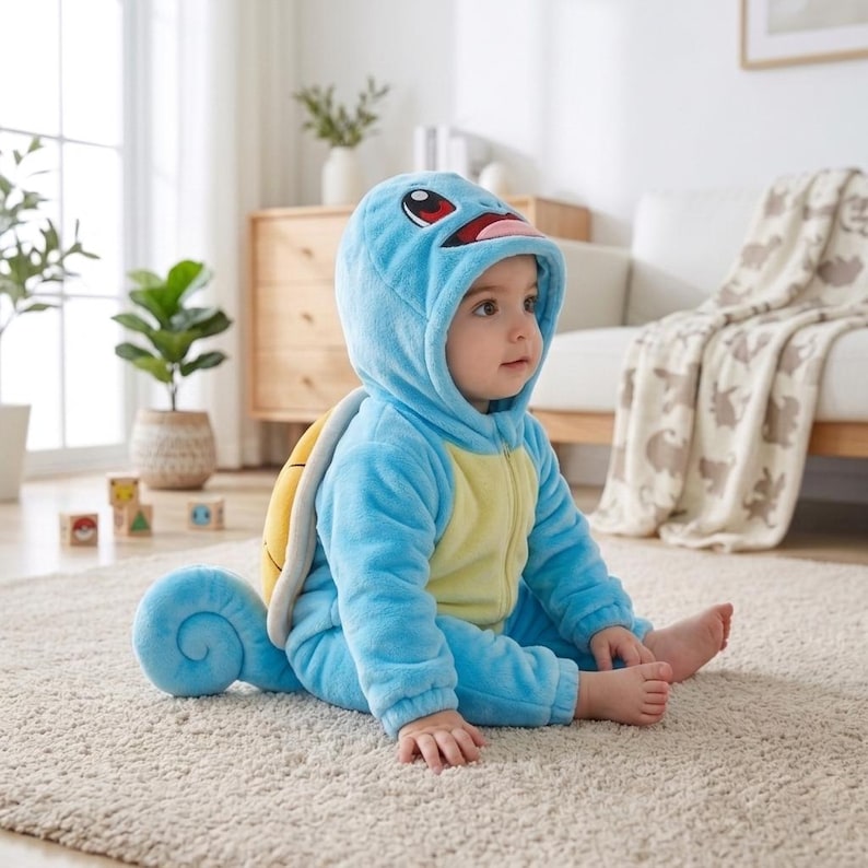 May include: A light blue plush onesie featuring a hood with a character face, a yellow front panel, a brown shell-shaped back attachment, and a curled tail. The soft fabric suit has a front zipper closure and long sleeves with integrated footies.