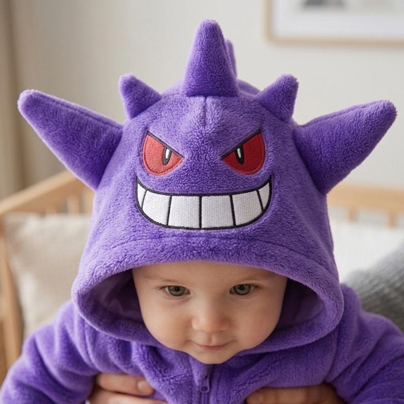 Pu&ograve; includere: Una tutina in peluche viola con cappuccio che raffigura il personaggio Gengar. Il cappuccio presenta punte morbide, occhi rossi ricamati e un ampio sorriso bianco con denti neri. Il tessuto ha una consistenza soffice e una chiusura a zip.