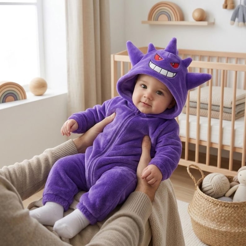 Pu&ograve; includere: Una tutina intera in peluche viola con un cappuccio disegnato per assomigliare al personaggio Gengar, completa di orecchie a punta, occhi rossi e un ampio sorriso bianco. Il capo presenta maniche lunghe, gambe intere e una zip frontale.