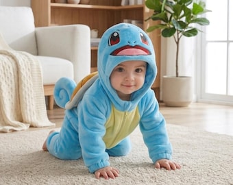 Anime Blue Turtle Baby Costume, Soft Baby Fleece Romper, Baby Boy Costume, Cute Baby Jumpsuit for Halloween