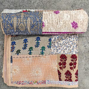 Handmade Patchwork Silk Kantha Quilt | Vintage Indian Sari Quilt | Reversible Boho Bedspread | Handmade Throw Blanket | Kantha Bedding