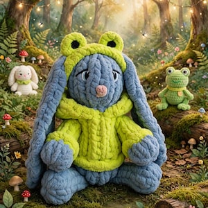 May include: A plush, blue, long-eared rabbit toy wearing a bright lime green hooded sweater with a frog-themed hood. The rabbit has embroidered eyes and a small pink nose. It is seated among small, crocheted forest creatures and mushrooms.