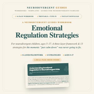May include: A 41-page digital workbook titled Emotional Regulation Strategies by Neurodivergent Guides. It features a 3-layer framework and 13 strategies for children ages 5-17, including a preview page on understanding emotional regulation.