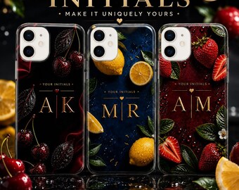 Personalized Fruit Initials Phone Case, Cherry Lemon Strawberry Design