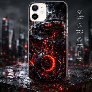 Pode incluir: Uma capa transparente para smartphone com um gráfico de um carro esportivo preto sobre uma turbina mecânica vermelha brilhante. O design inclui os textos: EXCLUSIVE DESIGN, PREMIUM QUALITY, VIBRANT COLORS e PERFECT FIT com ícones.
