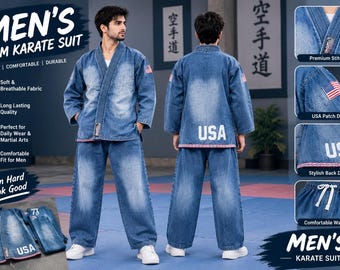 Quimono de karatê masculino em jeans, uniforme de artes marciais em calça jeans azul, roupa de treino masculina, kimono de karatê personalizado, traje de karatê exclusivo.