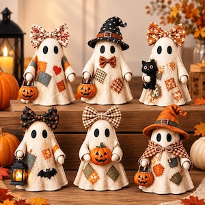 May include: Six decorative ghost figurines made of off-white fabric with patchwork patterns. Each ghost features black oval eyes and various accessories including bows, hats, miniature pumpkins, a black cat, and a small lantern with a warm light.