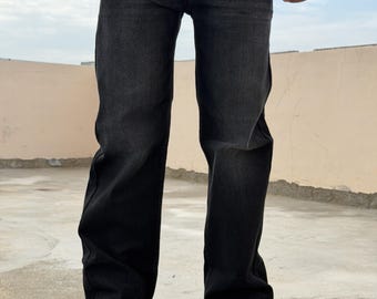 Men's Washed Black Wide Leg Jeans, Loose Fit Y2K Streetwear Denim Pants