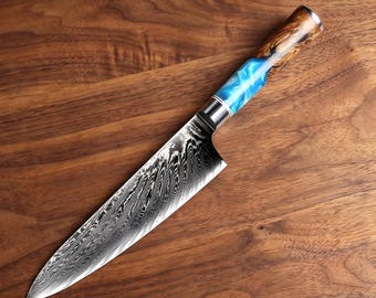 Handmade Damascus Chef Knife, Blue Resin Wood Handle, Professional Kitchen Cooking Tool