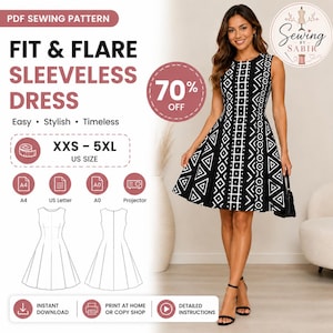 Sleeveless Fit & Flare Dress Sewing Pattern PDF | Women's A-Line Dress Pattern | Printable A4 A0 US Letter Projector | XXS-5XL