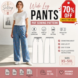 May include: Wide leg trousers PDF sewing pattern featuring a white t-shirt and blue trousers with a small floral pattern. Includes icons for instant download, print at home, PDF pattern, and projector file. Text includes Wide Leg Pants, 70% OFF, and XS-5XL.