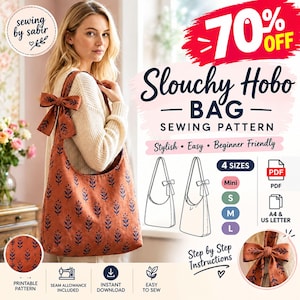 Könnte beinhalten: Ein Schnittmuster für eine lässige Hobo-Tasche aus rostfarbenem Stoff mit dunkelblauem Blumenmuster und einer dekorativen Schleife am Träger. Das digitale Dokument enthält eine Schritt-für-Schritt-Anleitung, vier Größen und ist als PDF für A4-Drucke verfügbar.