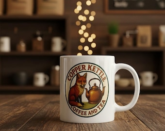 Taza de cerámica Copper Kettle para café y té con logo de Fox & Kettle - Blanca