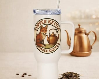 Taza de viaje Copper Kettle para café y té con logo de Fox & Kettle y asa - Blanca