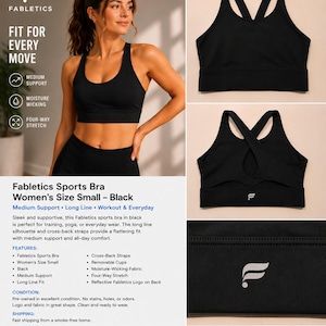 May include: A black Fabletics sports bra featuring a long-line silhouette, a scoop neckline, and cross-back straps. The garment includes a reflective Fabletics logo on the back band. The design provides medium support with removable cups.