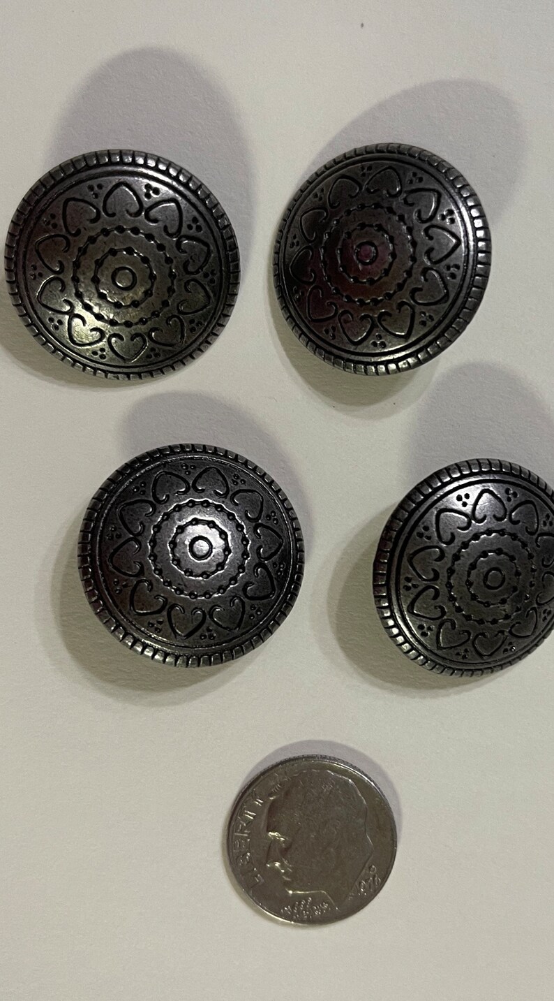 006 set of 4 antique buttons silver color beautiful feels like metal design upcycled from Wool sweater knitting supply sewing supply image 2