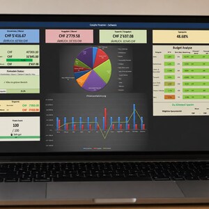 May include: A laptop screen displaying a financial dashboard titled Couple Finance - Schweiz. The interface features a multi-colored pie chart, a bar and line graph, and various data tables with numerical values in CHF, including a budget analysis.