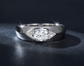 S925 Sterling Silver 1ct Marquise Moissanite Men's Ring, Wide Band With Pave Accents, Platinum Plated, US Sizes 5-9, GRA Certificate Gift