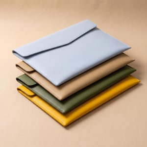 Puede incluir: Una pila de cuatro fundas rectangulares para documentos con solapas tipo sobre y bordes cosidos. Las fundas son de color azul claro, beige, verde oliva y amarillo mostaza, cada una con un acabado liso y una solapa de cierre puntiaguda.