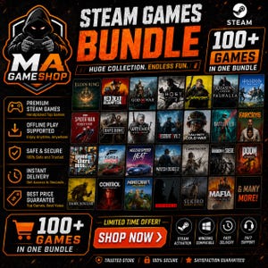 Op de afbeelding: Een digitale promotieafbeelding voor een Steam-gamebundel met een raster van meer dan 100 videogamecovers, waaronder titels als Elden Ring, Red Dead Redemption 2 en God of War. De lay-out bevat tekst zoals Steam Games Bundle, 100+ Games en Shop Now.