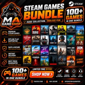 May include: A digital promotional graphic for a Steam games bundle featuring the text MA GAMESHOP and 100+ GAMES IN ONE BUNDLE. The image displays a grid of various video game cover art titles, including Elden Ring, Red Dead Redemption 2, and God of War.