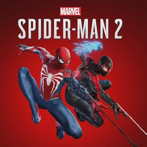 May include: A promotional graphic for Marvel Spider-Man 2 featuring two figures in superhero suits against a red background. One figure wears a red and blue suit with a white spider emblem, while the other wears a black and red suit with blue energy.