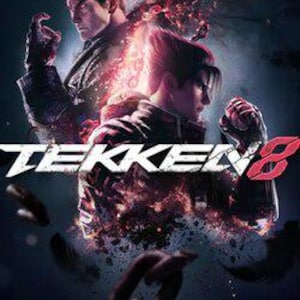Może przedstawiać: Plakat promocyjny gry wideo Tekken 8 przedstawiający dwie postacie stojące plecami do siebie w mrocznej, ognistej atmosferze. Tytuł Tekken 8 jest wyświetlany pogrubioną biało-czerwoną czcionką na środku, z unoszącymi się metalowymi łańcuchami.