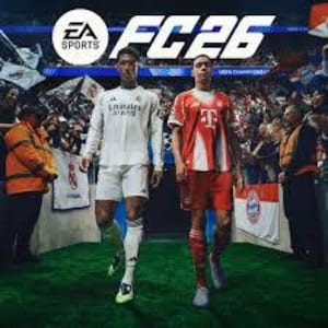May include: Two football players walk onto a pitch in a stadium. One wears a white Real Madrid kit, the other a red Bayern Munich kit. The EA Sports FC 26 logo is displayed at the top. The scene is filled with a crowd of spectators in the background.