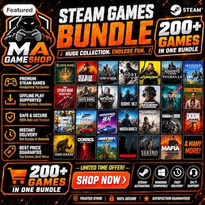 Op de afbeelding: Een digitale promotieafbeelding voor een Steam-gamebundel met een raster van meer dan 200 videogametitels, waaronder Elden Ring, Red Dead Redemption 2 en God of War. De lay-out bevat tekst zoals MA Game Shop, 200+ Games en Shop Now.