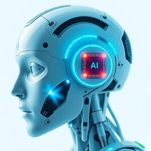 May include: A profile view of a light blue robotic head featuring a smooth, humanoid face and a mechanical neck. A circular glowing blue light surrounds a square red processor chip on the temple, which displays the letters AI in white text.