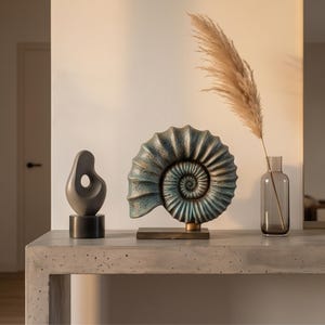 Peut inclure: Un ensemble décoratif comprenant une sculpture abstraite gris foncé sur socle cylindrique, une sculpture de coquille nautile aux tons bleu et bronze sur support rectangulaire, et une tige d'herbe de la pampa séchée dans un vase bouteille.