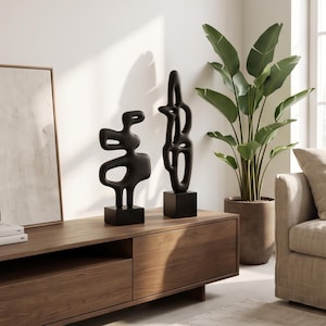 Può includere: Due sculture astratte nero opaco con forme organiche e fluide e ritagli cavi. Ogni scultura è montata su una solida base quadrata nera, caratterizzata da bordi lisci e arrotondati e da una forma continua e interconnessa che si erge in verticale.